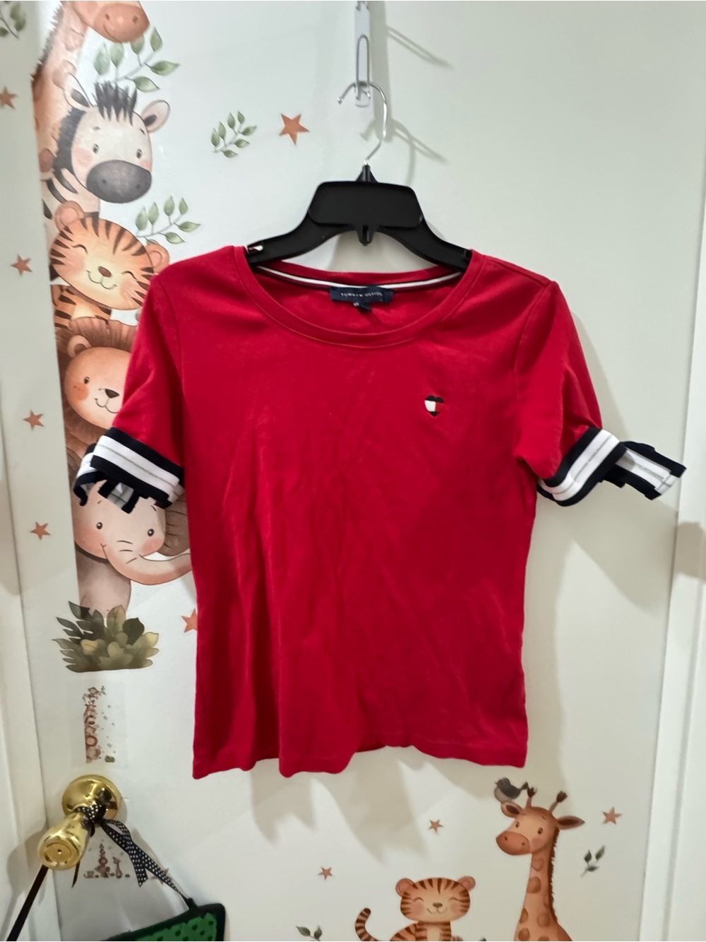 Tommy Hilfiger Bright Red Short-Sleeve Tee with Striped Ruffle Cuffs